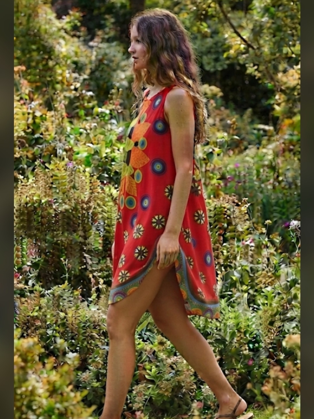 Summer A-line Dress with Vibrant Floral Print and Side Cutouts, US 14